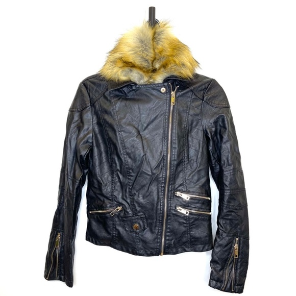AKIRA Faux Fur Tan Collared Black Leather Moto Jacket Size Medium - Picture 6 of 13